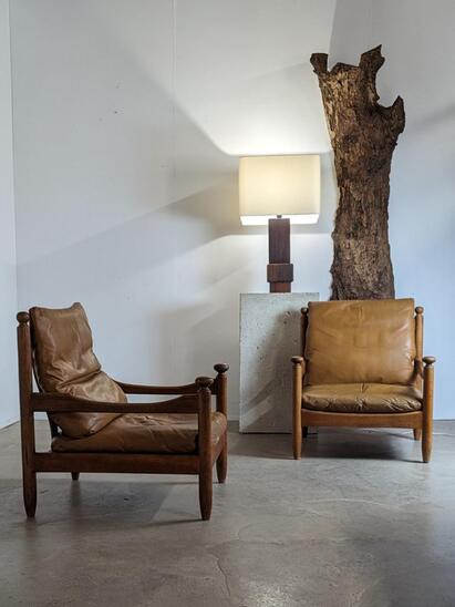 1970s pair of leather and oak armchairs