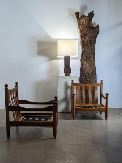 1970s pair of leather and oak armchairs